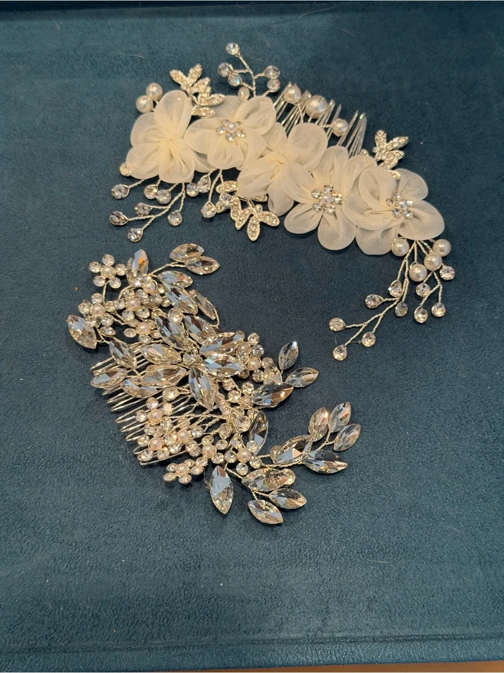 Bridal Hair Comb Set - Ivory Floral & Silver Crystal Accents